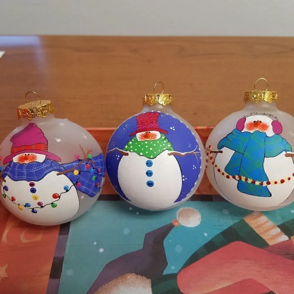 Set of 3  Hand painted 3D snowman ornaments. Aprox 8
